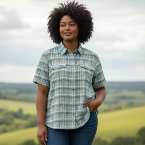 EDDIE BAUER BLUE PLAID SHORT SLEEVE SHIRT SIDE POCKETS MOISTURE WICKING SIZE 2XL